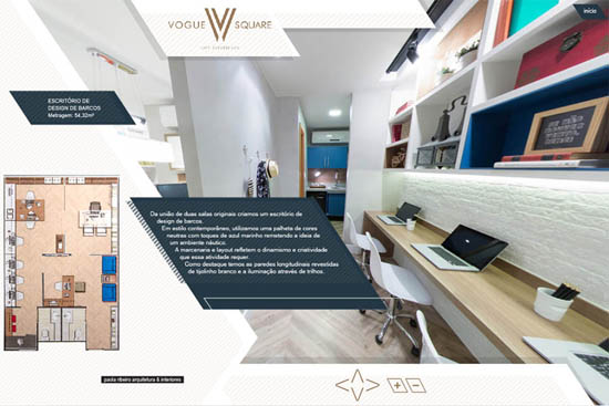 Imagem do escritório de design de bancos com 54m², apresentando prateleiras revestidas de tijolinho branco, iluminação direta e indireta, e um ambiente moderno e funcional localizado no Vogue Square.