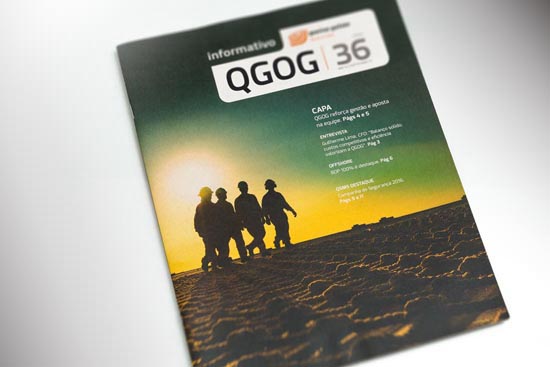 Capa do informativo anual 'QGOG 36', com destaque para operações offshore, iniciativas de energia e tópicos como desafios e conquistas no setor.