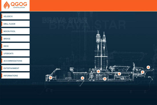 Planta do navio BRAVA STAR exibindo áreas como Helideck e Moon Pool, visualizada na interface QGOG Constellation.
